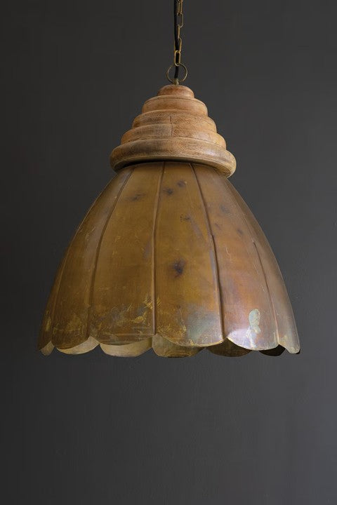 Wide Dome Antique Brass Pendant Light with Wood Detail | Nautical Decor | Lighting