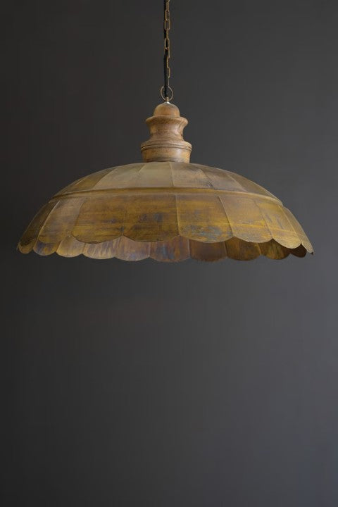 Wide Dome Antique Brass Pendant Light with Wood Detail | Nautical Decor | Lighting